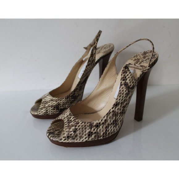 Jimmy Choo Phython Embossed Slingback Peep Toe Heels Size 39 Neutral - Picture 1 of 11